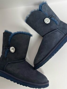 UGG Woman’s Bailey Navy Suede Boots with Crystal Button - Size 6